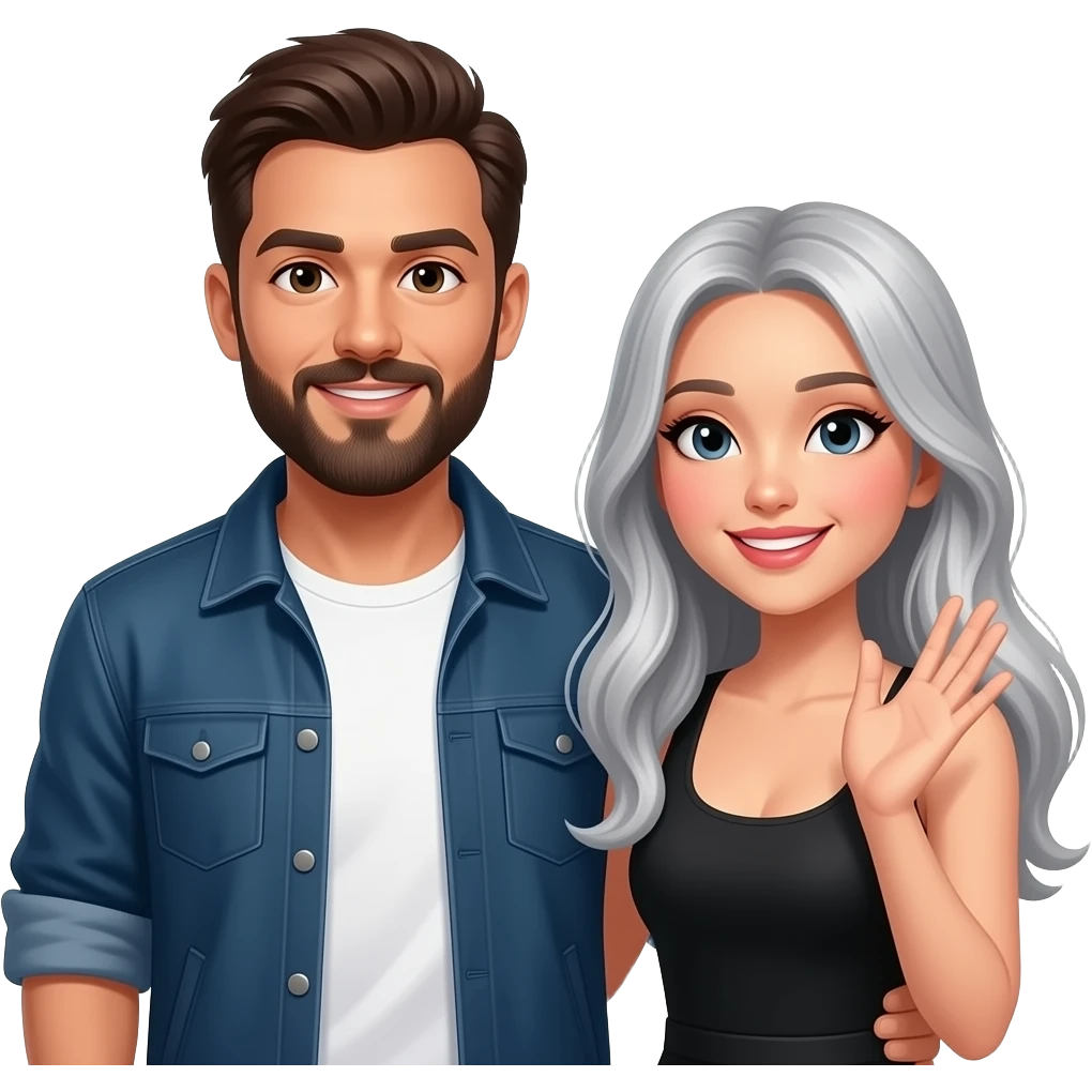 A bearded celebrity man in cool street clothes and Asian celebrity woman with silver hair being being cheered by a crowd in the street emoji