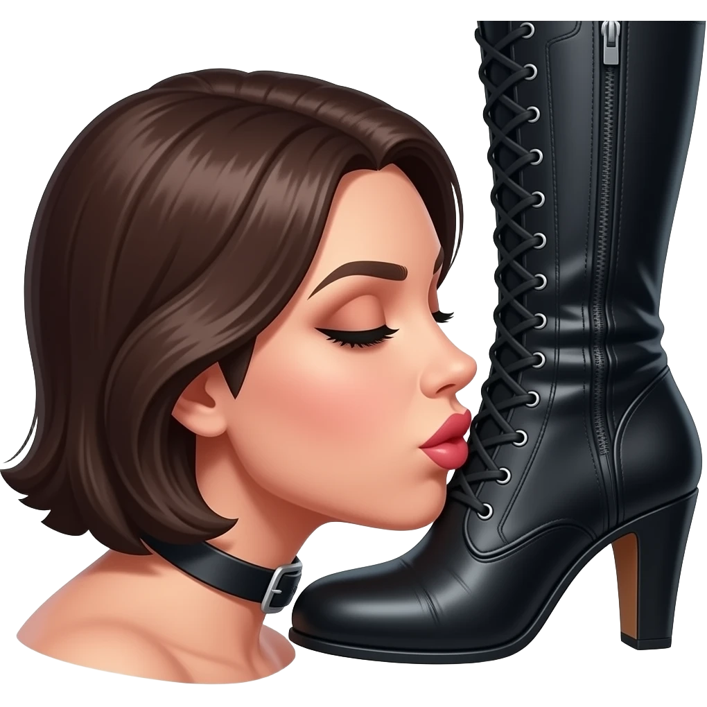 A submissive wearing a collar kissing a domme's boot clad leg on the toes. the image should focus on her head as she kisses the boot. emoji