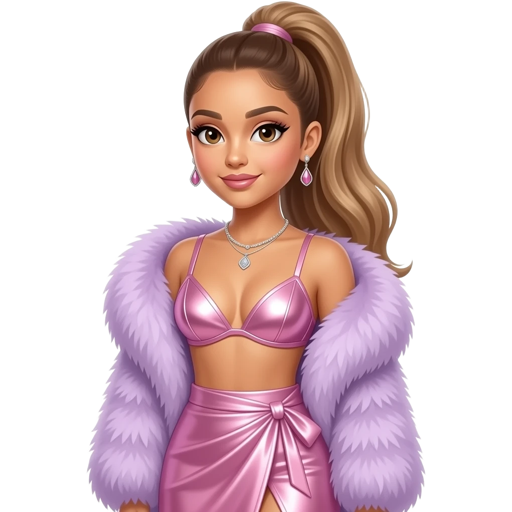 Ariana Grande with brown eyes, long light brown high ponytail hair, light lavender pink fur shawl, pink metallic bra, pink metallic long wrap skirt, necklace and earrings emoji