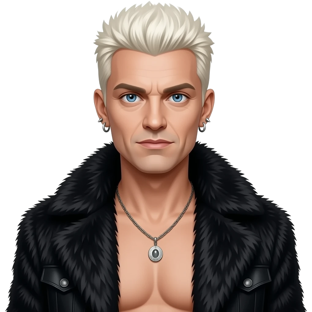 Billy Idol with blue eyes, white blonde hair, black fur shawl, black metallic baggy pants, shirtless with necklace and earrings emoji