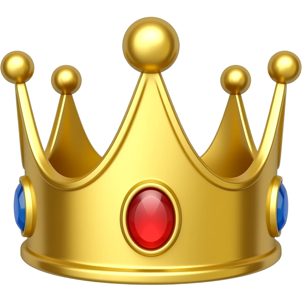 Same royal crown in every image: polished gold king crown, 3 rounded peaks, red center jewel, small blue side jewels, glossy 3D cartoon style, identical shape and design every time, premium emoji look. emoji