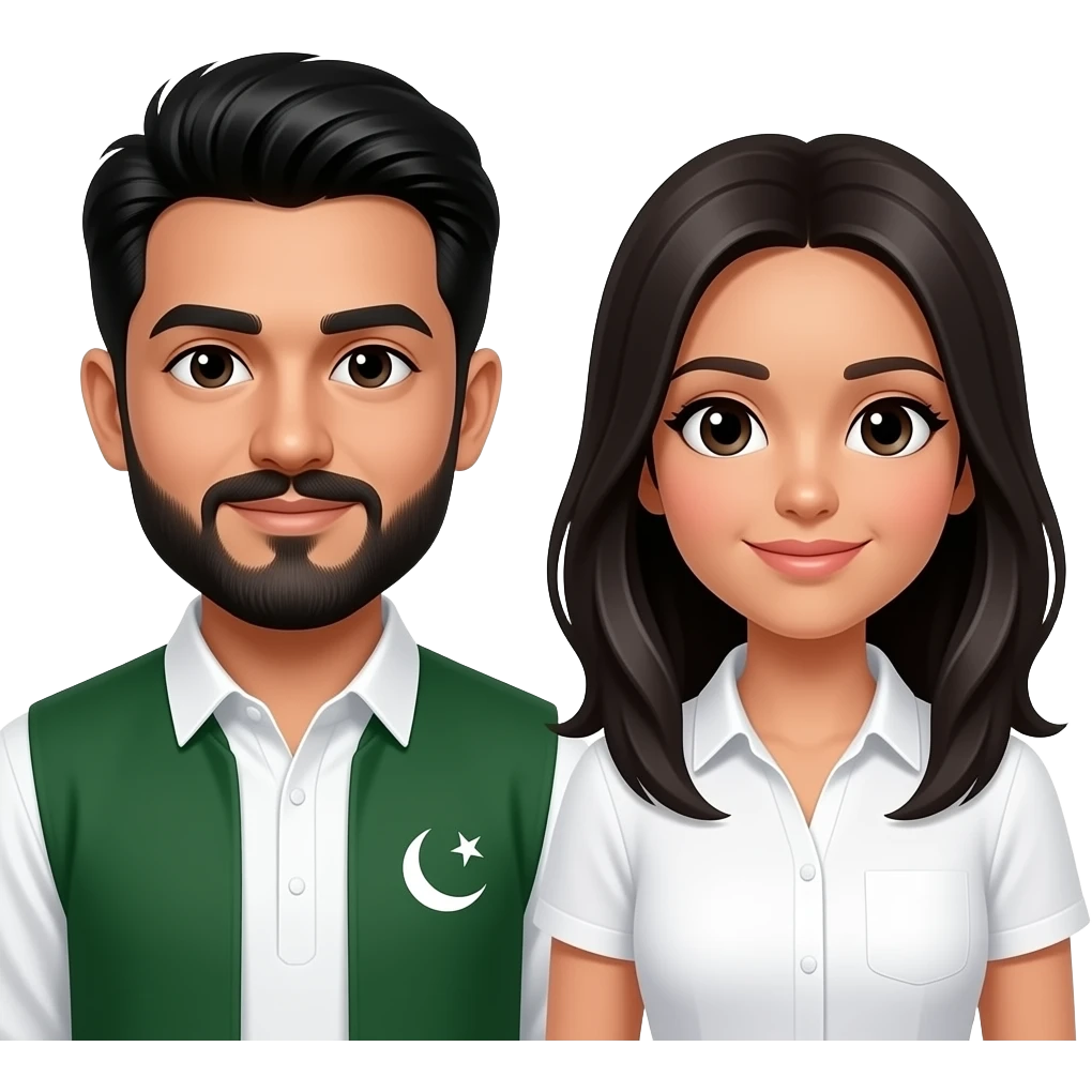 Pakistani guy with black hair, mustache and beard and white girl with black hair without bangs emoji