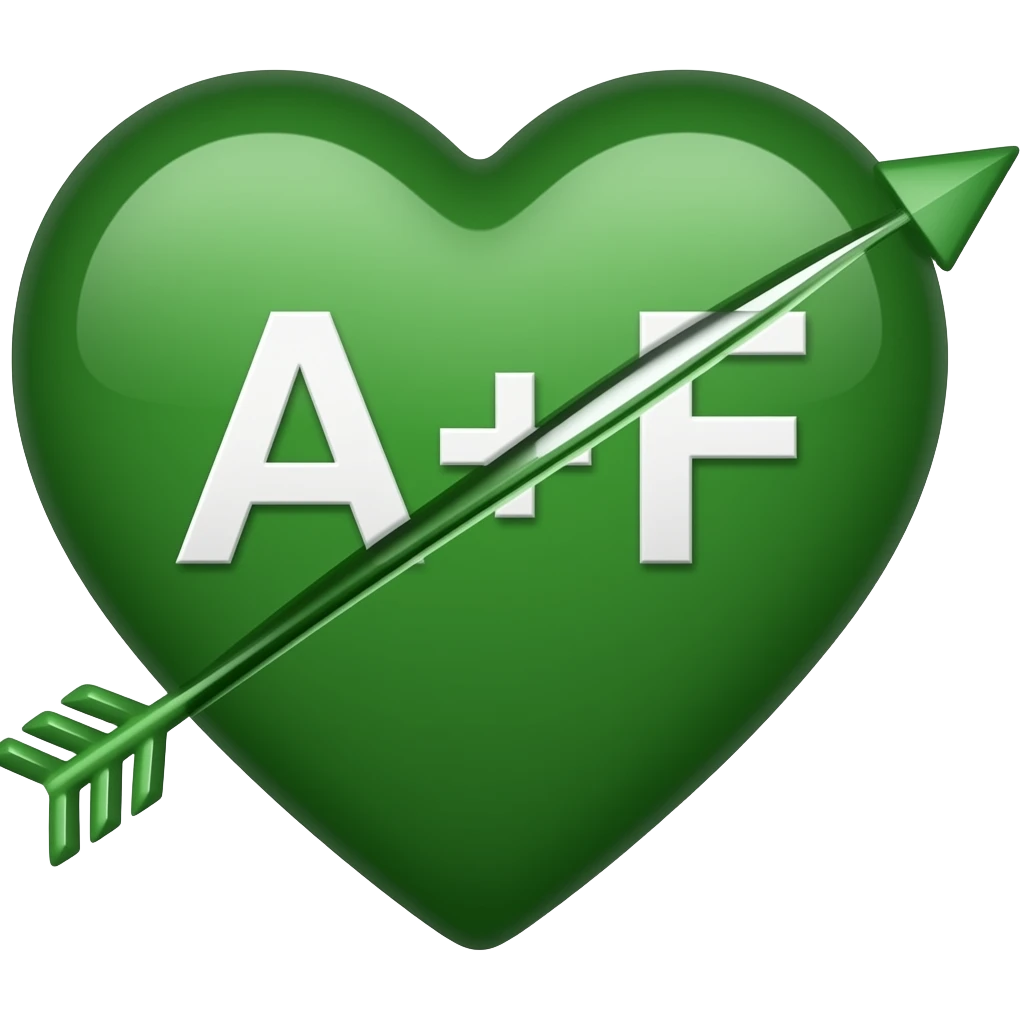 Dark green Heart with arrow going through it with “A+F” in the middle of the heart emoji