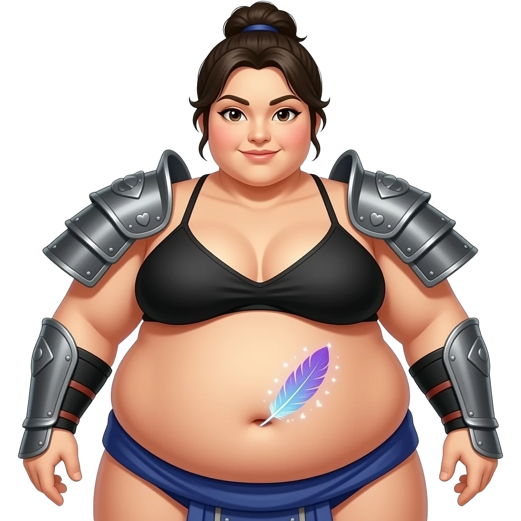 A female sumo warrior,she is stuffed silly after all you can eat buffet,her huge belly hangs out,her bellybutton gets tickled by a magical feather and paints hearts on her fat stomach. emoji