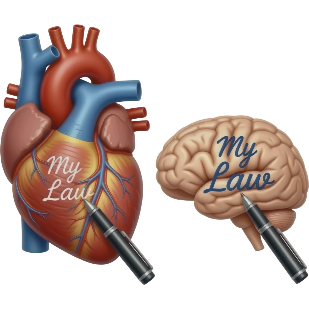 An anatomically acurate human heart with a pen writing "My Law" on the heart. Next to it, an anatomically correct human brain with a pen writing "My Law" on the brain. The words "My Law" have to be on both the heart and the brain.  There should only be one heart and one brain. emoji