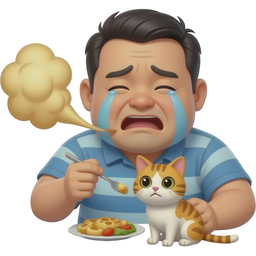 A cartoonishley obese, fat asian man crying, farting and eating a cat, he is burping and letting out a massive fart emoji