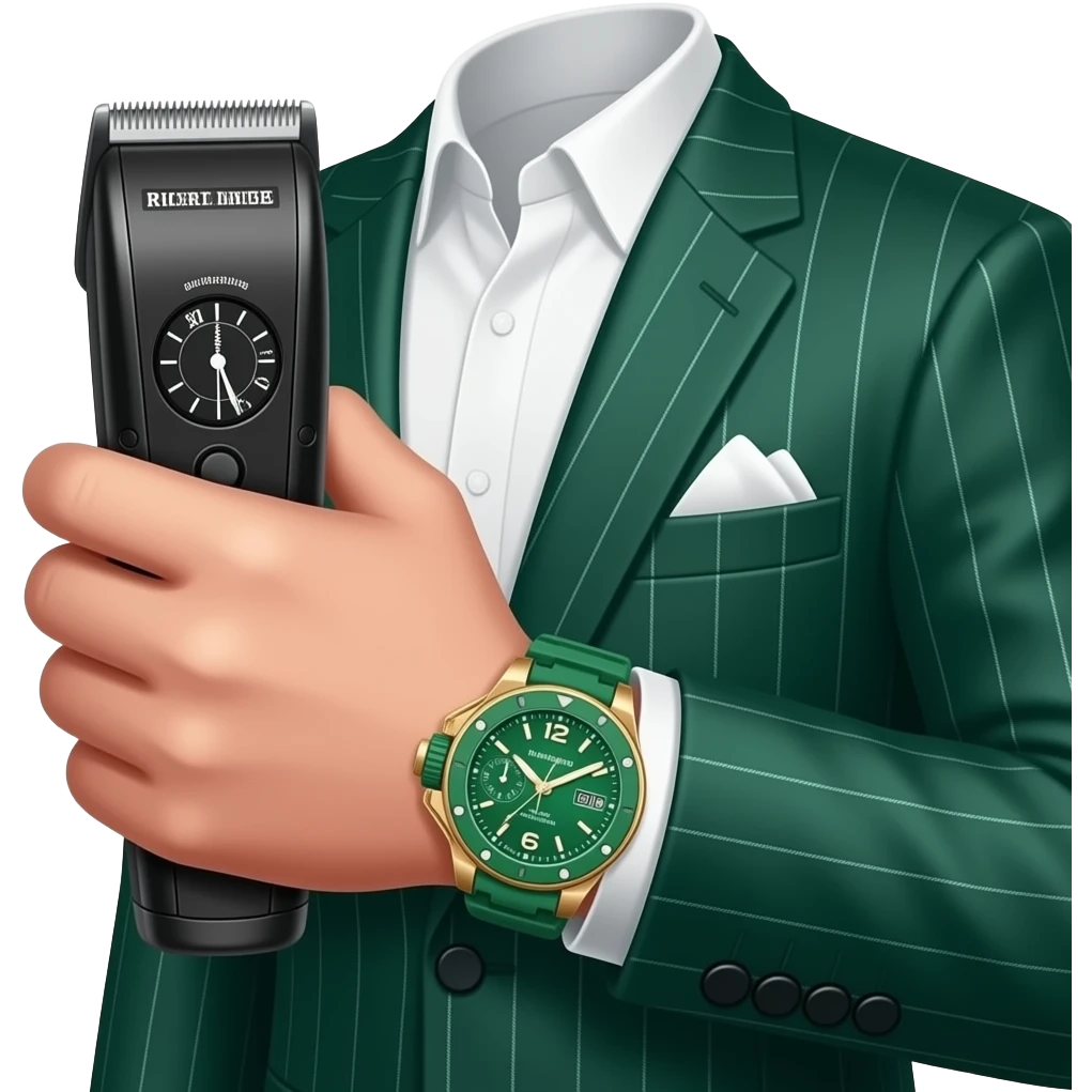 create me a hand which is holding a trimmer, and have green richard mille watch on and have green suit. Do so many details of watch and suit and the trimmer emoji