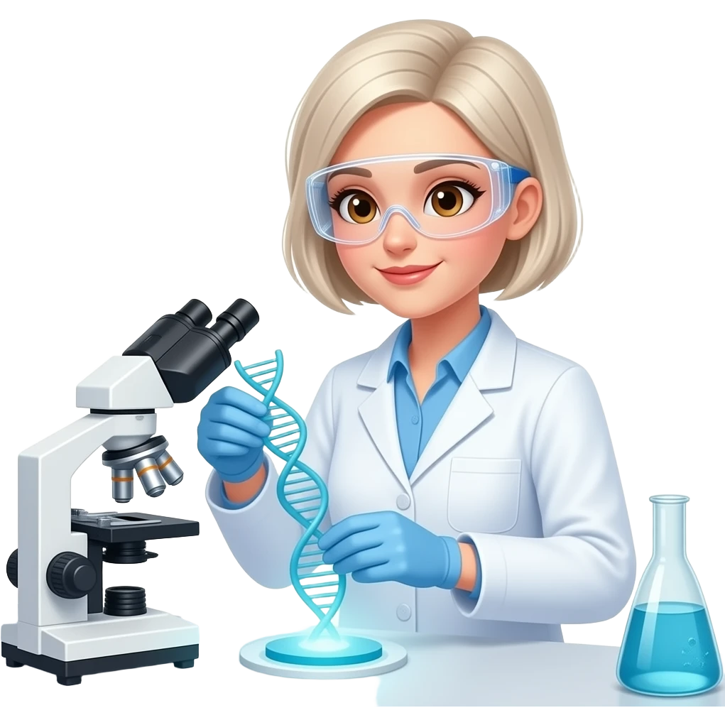 Красивая стройная девушка с карими глазами, короткая стрижка, светлые мелированные волосы, в лаборатории изучает ДНК с применением магнитного поля emoji