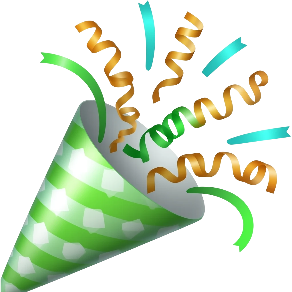 ios emoji style green party popper  with confetti flying out from inside emoji