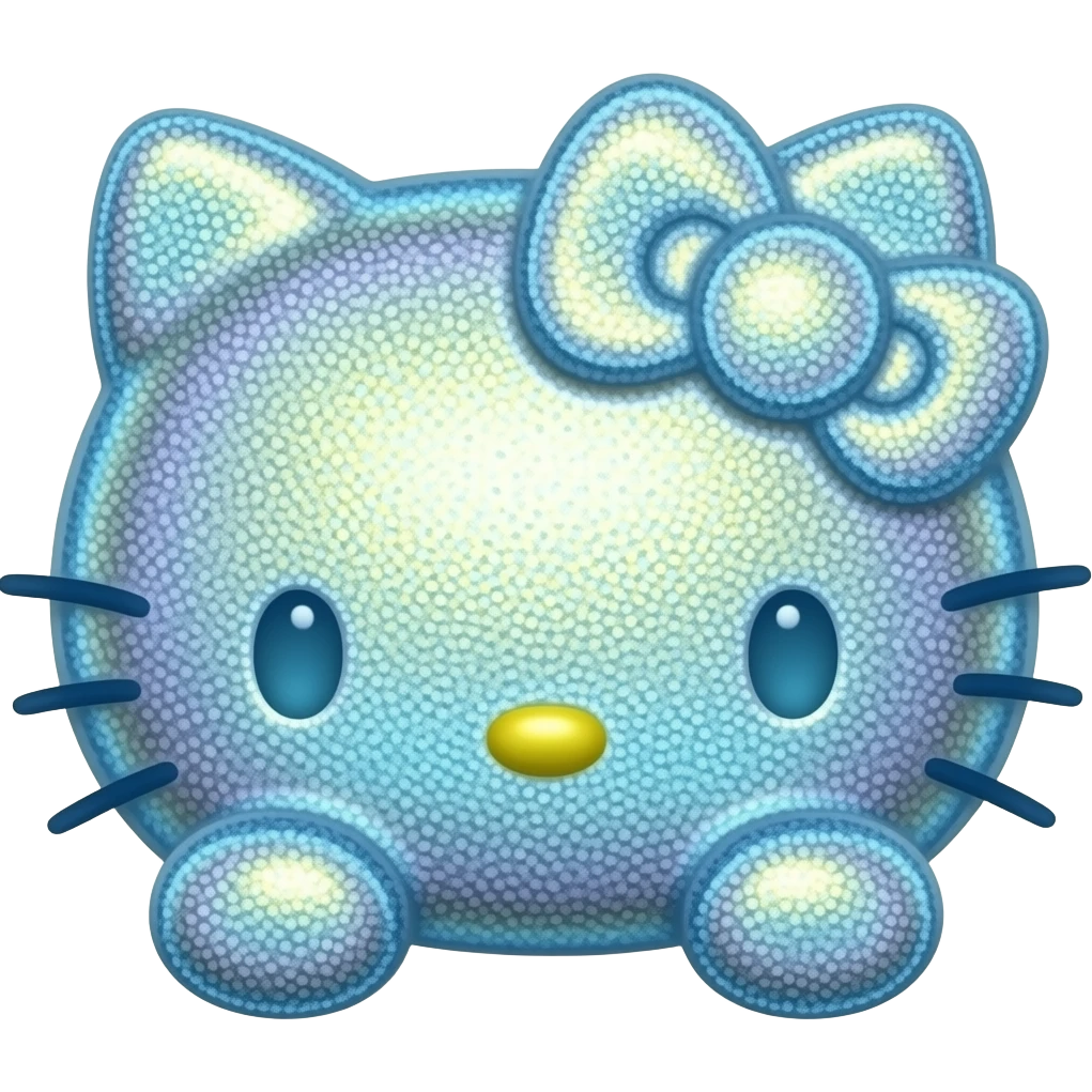 Shiny glitter holographic blue and yellow colored glass hello Kitty head with front paws emoji