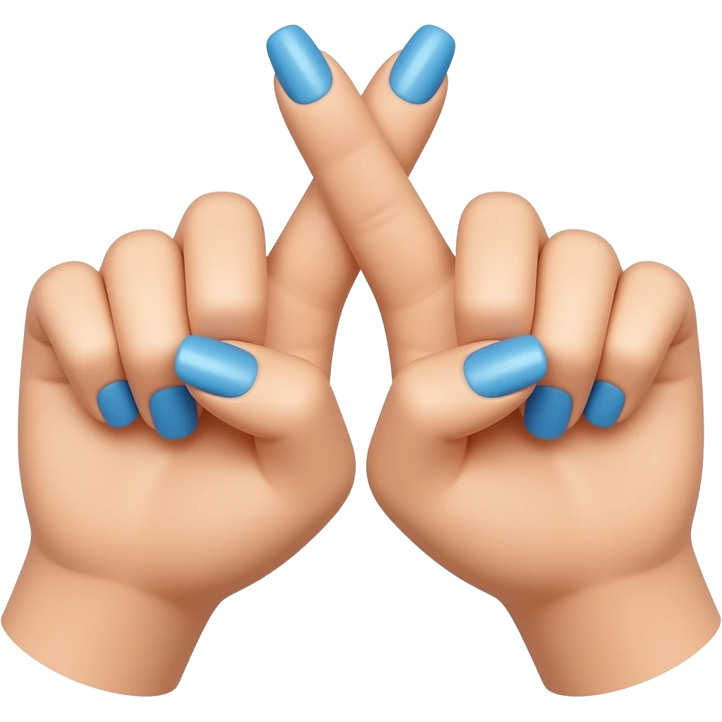 “Dos manos frente a frente de forma simétrica, con las palmas mirándose entre sí. Los dedos índices están levantados hacia arriba y los dedos medios se cruzan/tocan horizontalmente en el centro. Uñas largas color azul brillante, estilo emoji minimalista, fondo transparente.” emoji