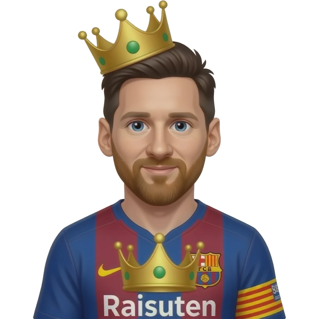 Messi emoji avatar, Barcelona jersey, cute cartoon style. One oversized identical golden king crown placed across the middle of the jersey. emoji