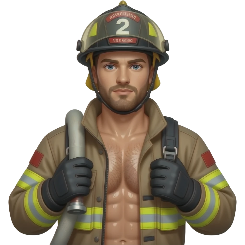 Erstelle ein Portrait von einem muskulösen Oberkörper freien nassen Feuerwehrmann mit Helm, er hat eine behaarte Brust und Bart, seine Brust soll gut mit auf dem Bild zusehen sein und nass glänzen. Er hat Handschuhe und ein Feuerwehrschlauch über der Schulter emoji