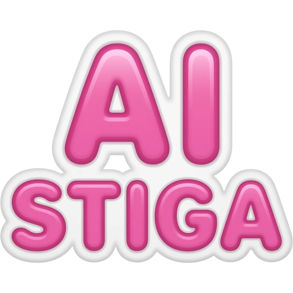 Cute pink sticker text saying “АЙ СТИГА”, bold rounded letters, glossy effect, transparent background emoji