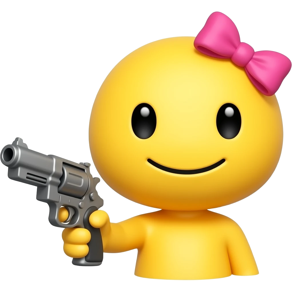 A yellow figur round head weird smile pink bow on head  and gun in hand only head not ai emoji