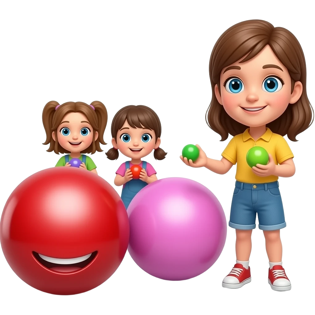 draw a Realistic, kind, three-dimensional red ball from the game Red Ball 4 smiling with a pink ball, a girl with blue-blue eyes, and children with small balls. Real live balls, cute and smart, they are not toys or made of metal, they do not have arms and legs several options 4:3 emoji