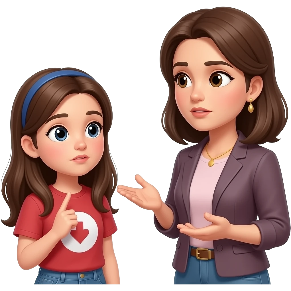 teen girl long hair, asking adult women  a question women speaking shes serious emoji