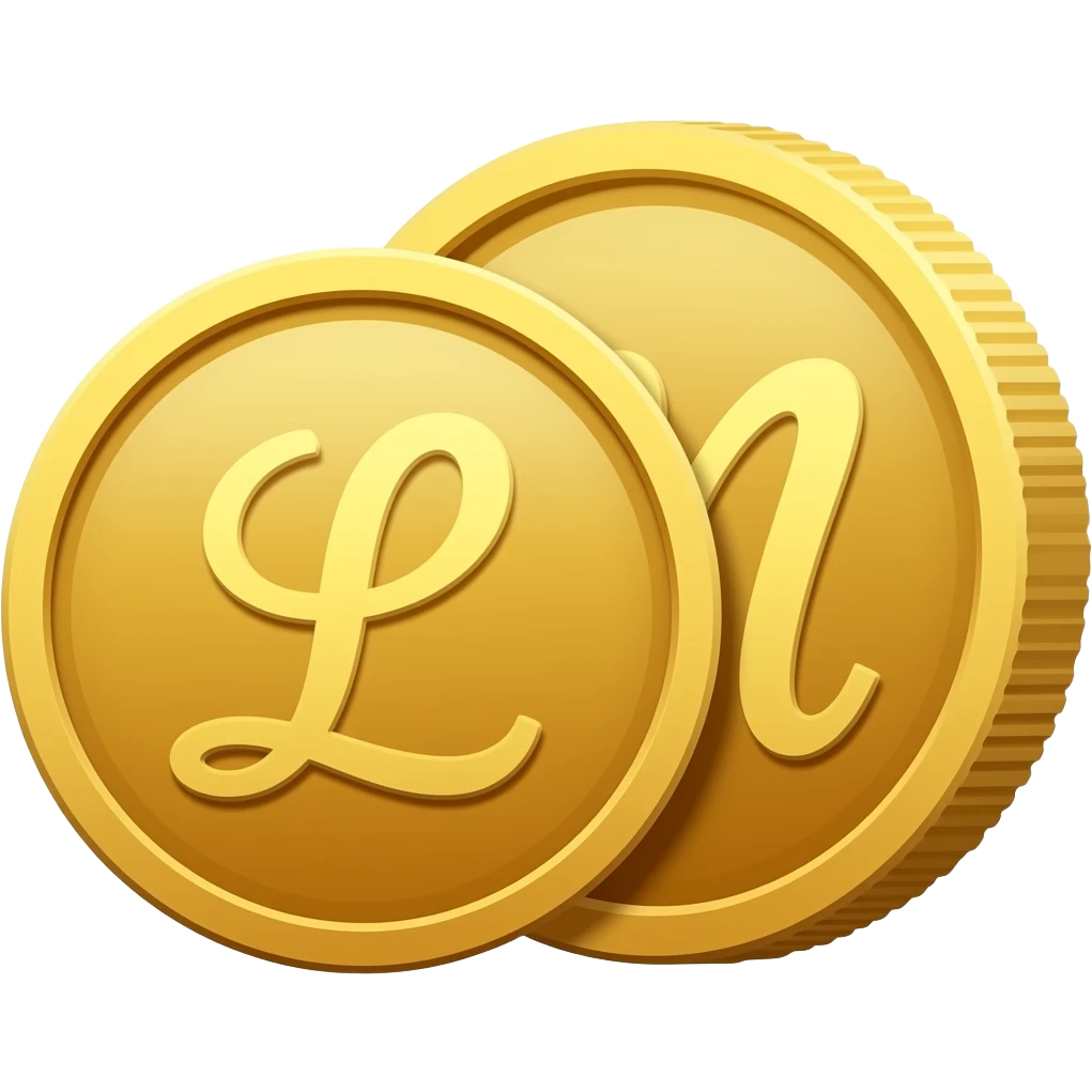 2 gold coins one with the letter "L" and the other with the letter "N" written in cursive letters flat on the screen emoji