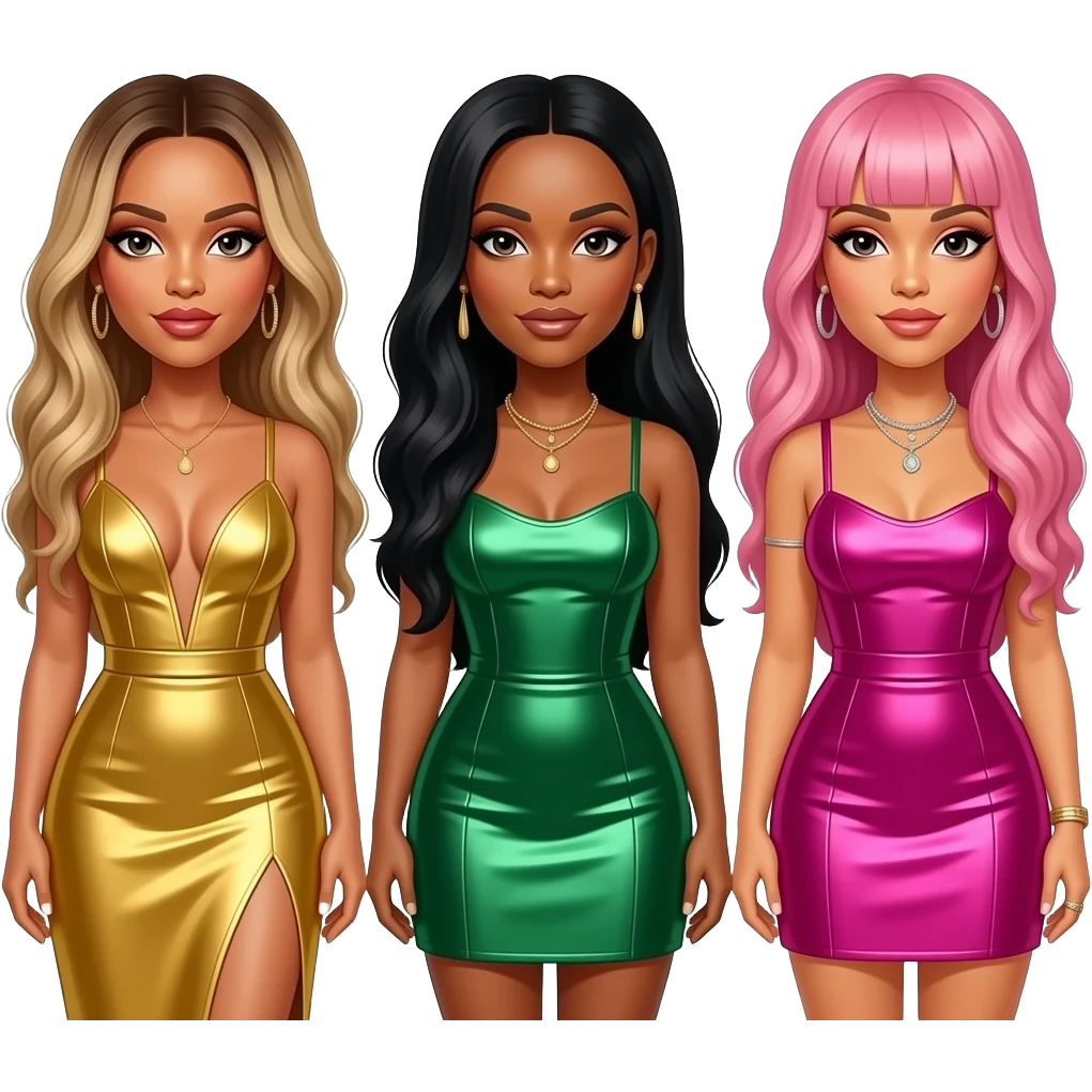 Beyonce with long blonde hair, gold dress, Rihanna with long black hair, green metallic dress, Nicki Minaj with long pink hair, hot pink metallic dress emoji