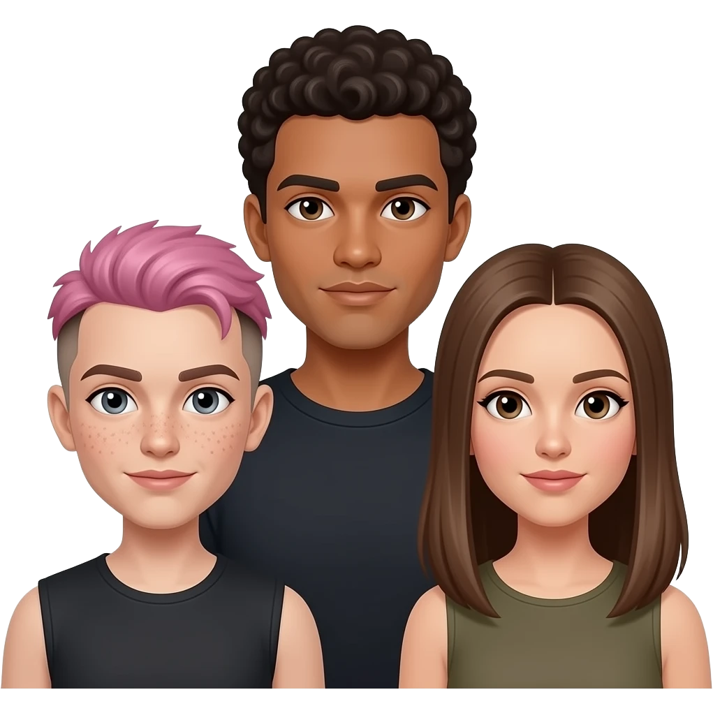 three people: short nonbinary person with short pink hair, brown eyebrows, and a brown undercut with very pale skin, gray eyes and freckles, a tall tan man with dark brown eyes + very short curly hair, and a medium height woman with light tan skin, light brown straight long hair, and brown eyes emoji
