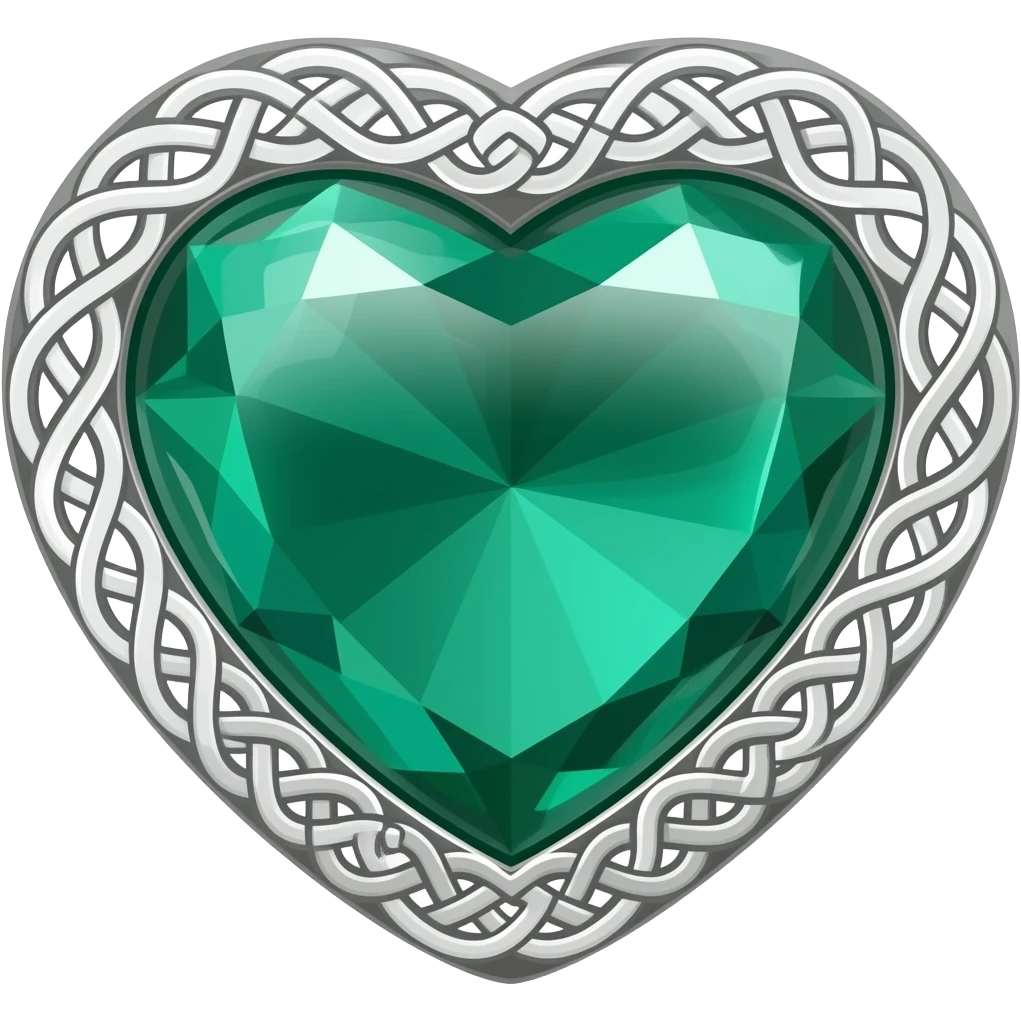 heart shape: translucent cut Emerald in a silver setting with celtic knots. emoji