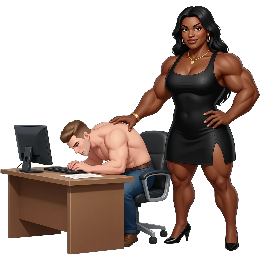 thick muscular savage black woman proudly dominating a large soft naked white man bent over a desk as she takes over as boss emoji