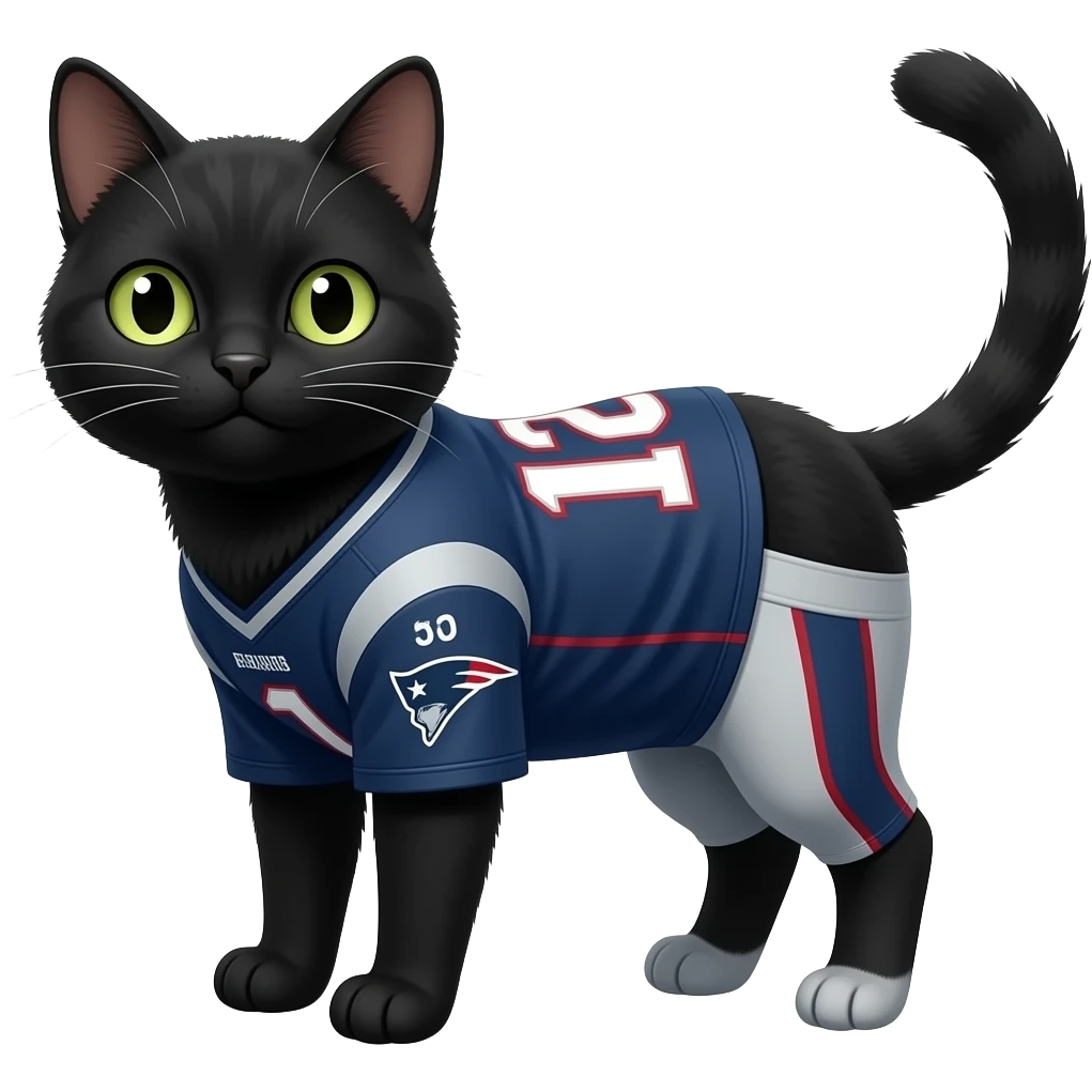 black cat wearing a new england patriots jersey emoji