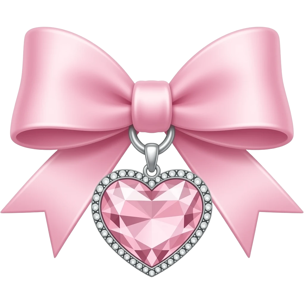 Pink satin ribbon bow with a heart shaped diamond pendant, aesthetic pastel pink, jewelry design. emoji