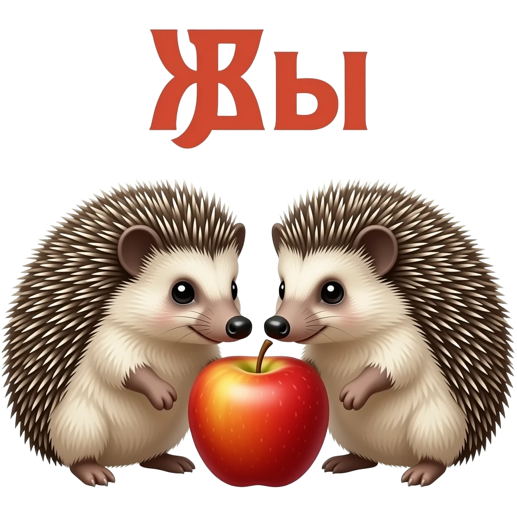 Text above the hedgehogs: "еЖы". Two hedgehogs sniff an apple. Emoji. emoji