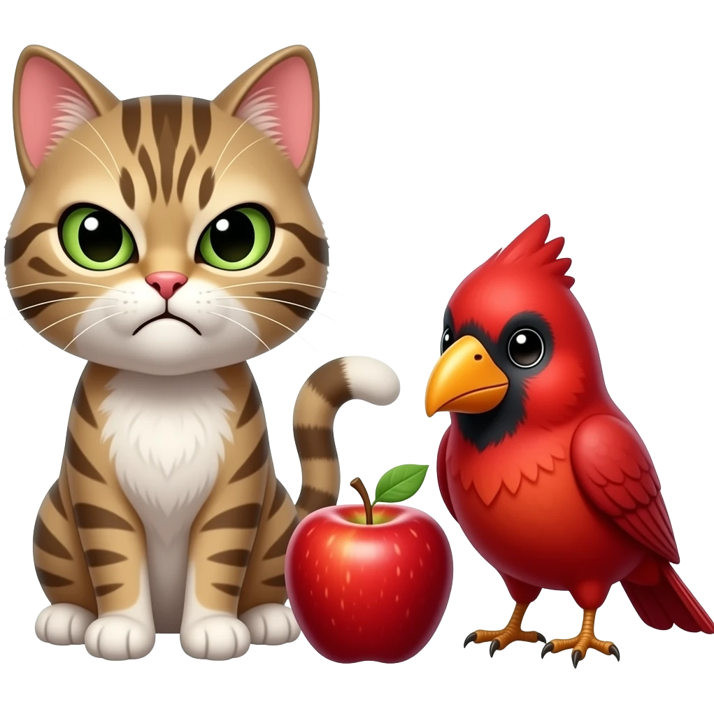 Cat and red bird mad as one infused apple together as 1Red bir emoji