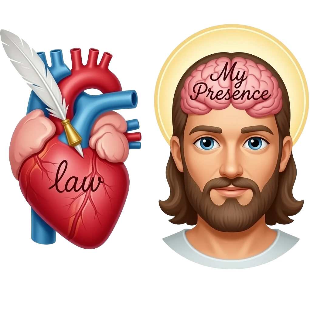 God using a quill and writing on the open heart of a man the word "law" Next to him, there is a similar scene with God writing onto a man;s brain "My Presence" emoji
