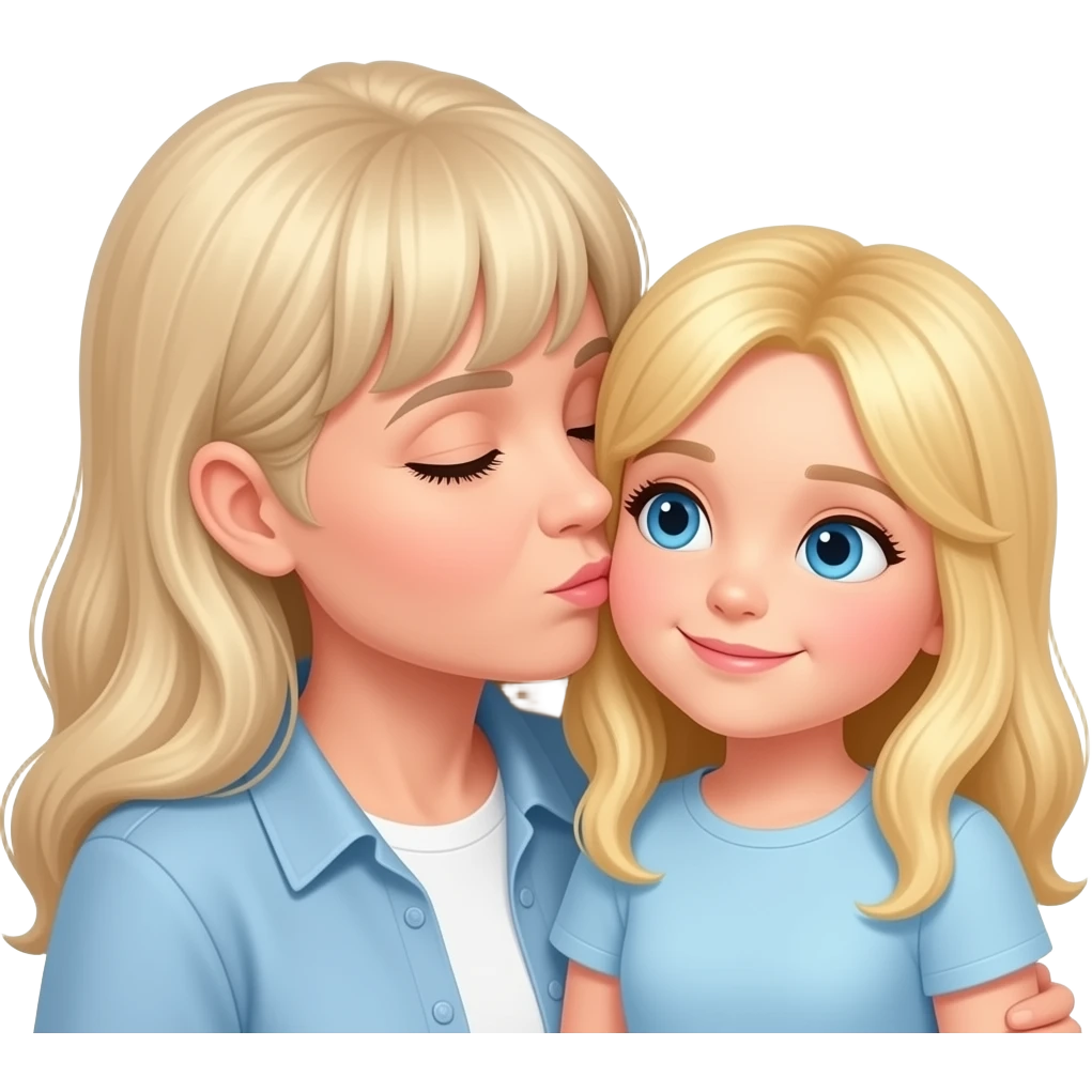 older grandmother has blonde long hair and bangs kissing a grandaughter both blonde with blue eyes emoji