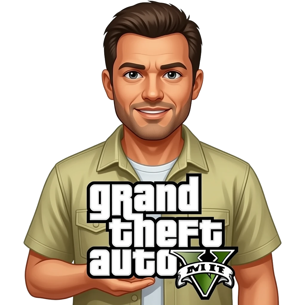 Trevor from GTA5 that has a white skin tone and has a grand theft auto V. sign in the front emoji