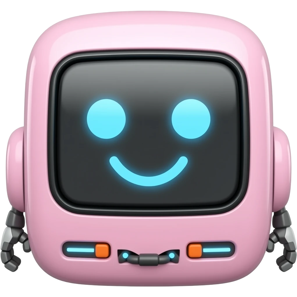 A pink, cute and silly rectangular delivery robot with touche screen as the cute face with a big smile emoji