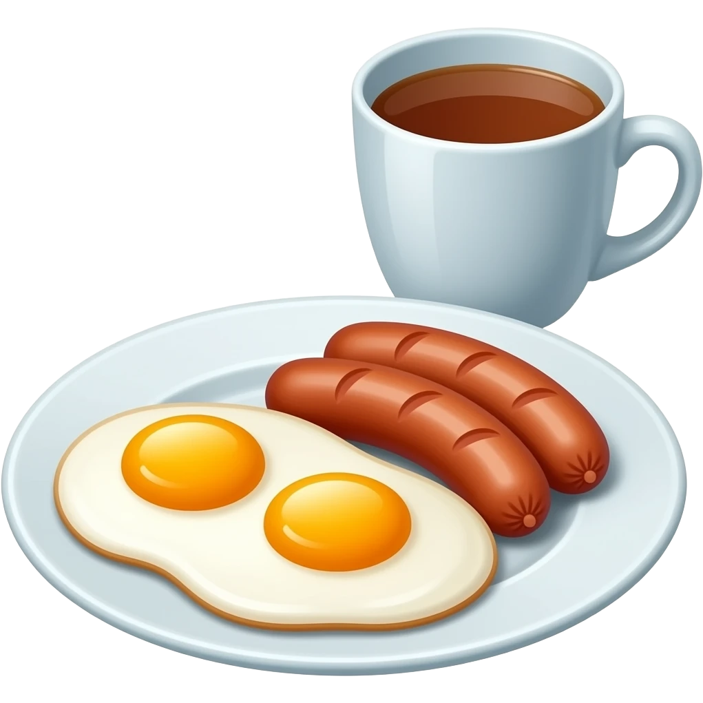 fried eggs and sausages on a plate and a cup of tea emoji