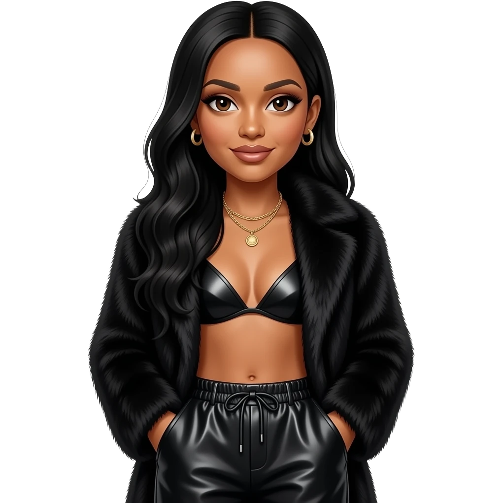 Aaliyah with dark brown eyes, long black hair, black fur coat, black metallic bra, black metallic baggy pants, necklace and earrings emoji