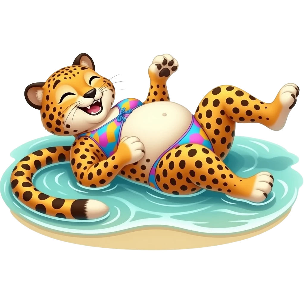A cheetah enjoys beach holiday in her swimmers,but she is so full from a lunch break that she is about to burst,Then her fat Tummy rolls & drops out,she will just lay on her back in the shallow cool water,her gluttonous belly promotes a good resort business. emoji