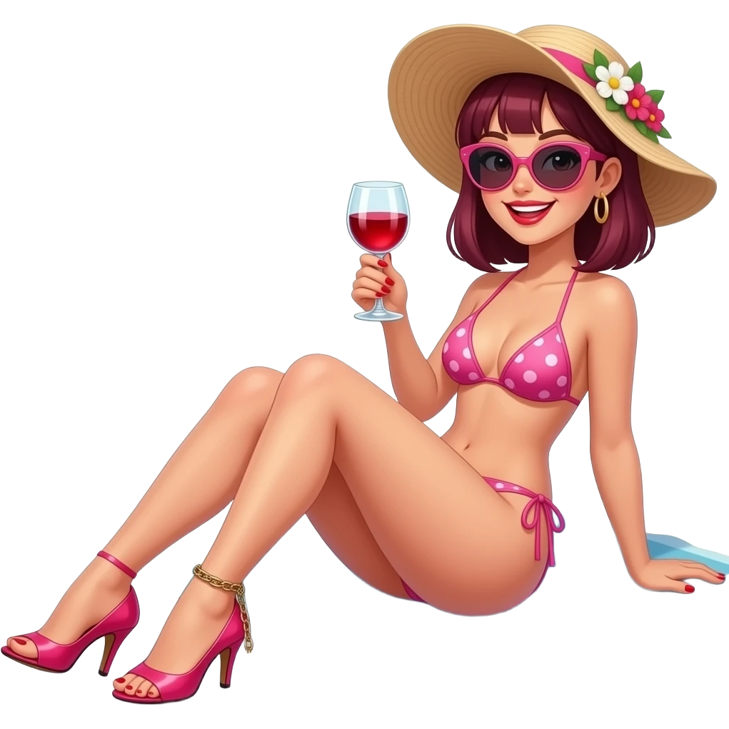 Woman. Burgundy, straight shoulder-length hair, lying down, sunbathing. baby pink strappy bikini. very high fetish stiletto heels. bright red lipstick. bright red nail polish. smiling. Ankle chain with small key dangling off. glass of red wine in one hand. flowery sun hat. large sunglasses. emoji