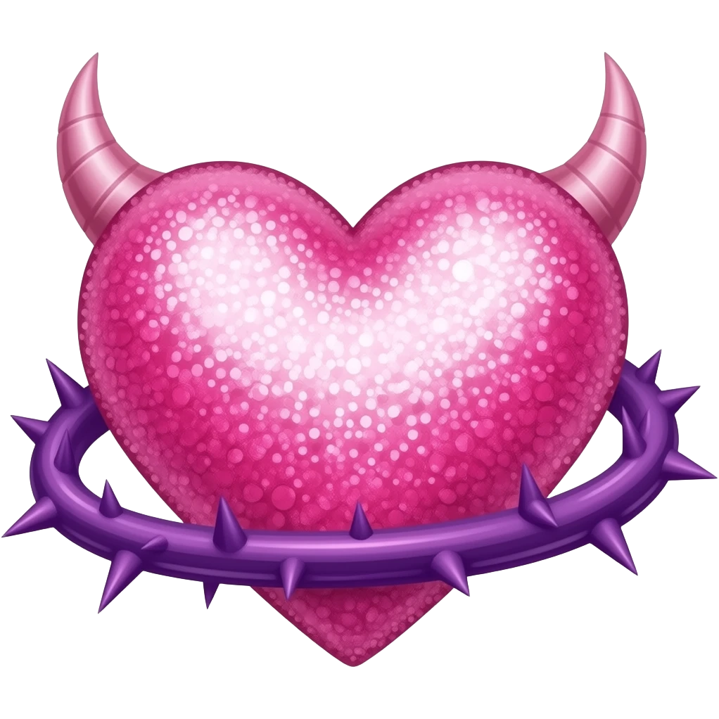 pink glittery heart with demon horns with a purple thorn border, y2k, glam emoji