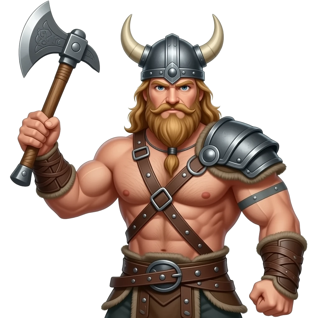 Nahaufnahme von einem Vikinger mit nackten muskulösem körper und einer behaarten und starken Brust, mit Leder Riemen und Schulterpanzer. Er schwinkt eine Axt und trägt ein Helm mit Hörnern und hat ein langen Bart emoji