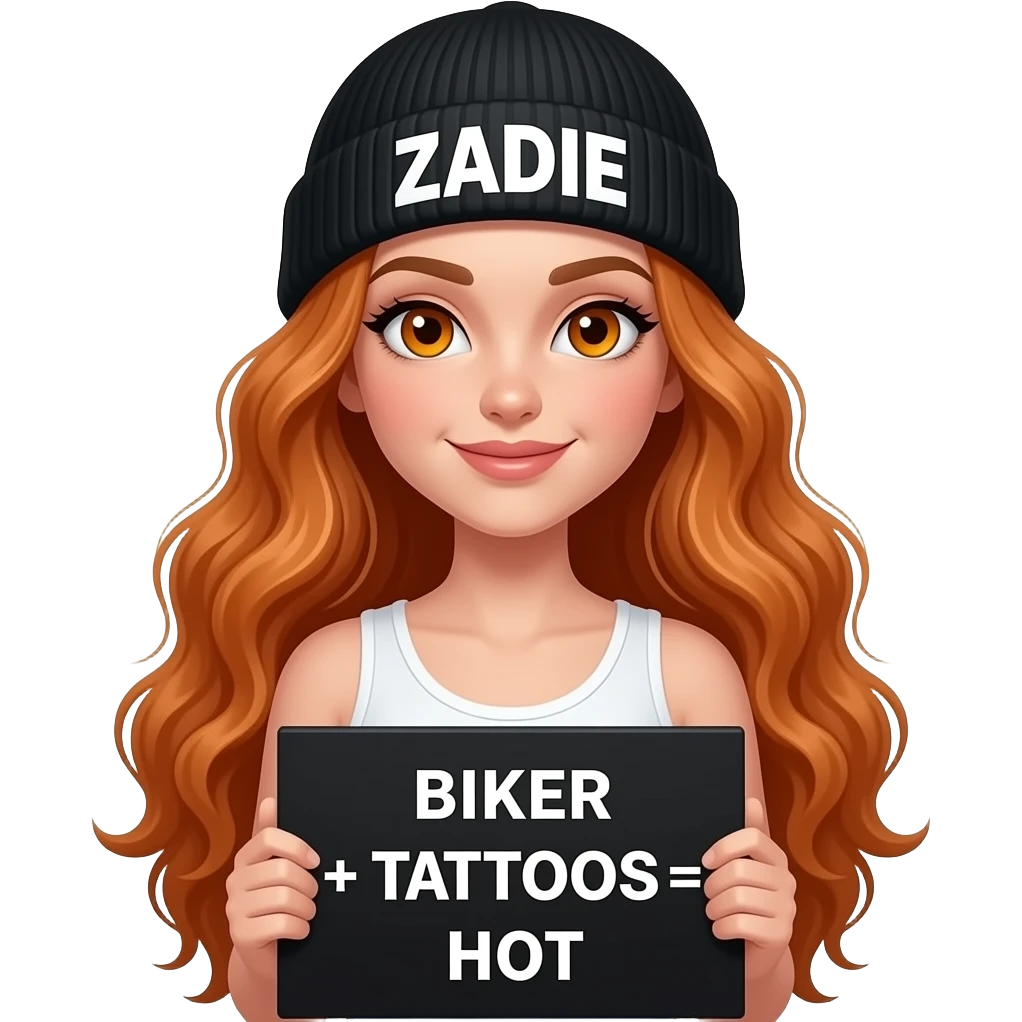 sexy girl with overlong wavy ginger hair and ginger eyes wearing a white tanktop and a black beanie with ZADIE written on it, is holding a black sign with BIKER + TATTOOS = HOT written on it emoji