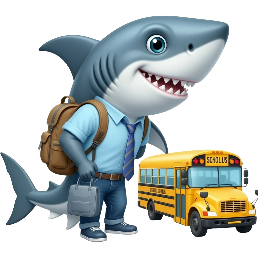 Shark gets ready for school and the bus will be leaving emoji