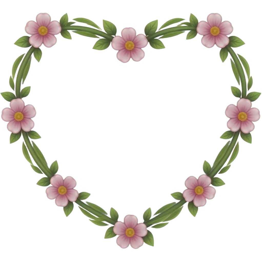 white heart with a border made of green vine with pink flowers emoji