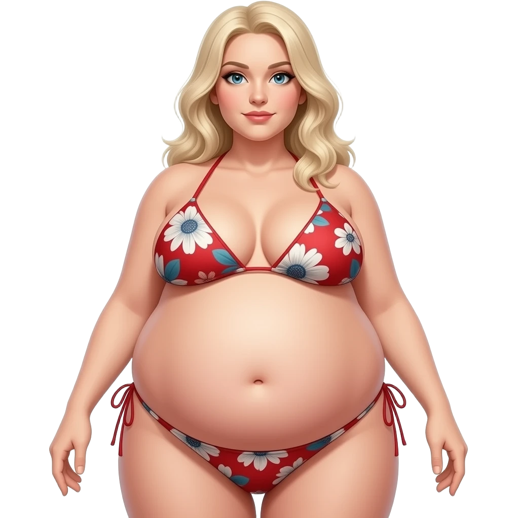 white women 3 quarter view, big bloated gigantic belly, big boobs, red bikini, belly focus, from bottom, obese, fat emoji