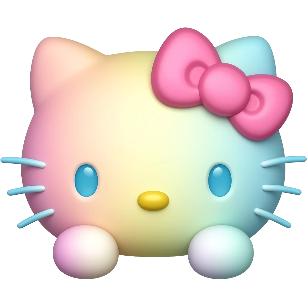 Multi colored hello Kitty head with light blue eyes and nose and white whiskers and a pink bow with front paws emoji
