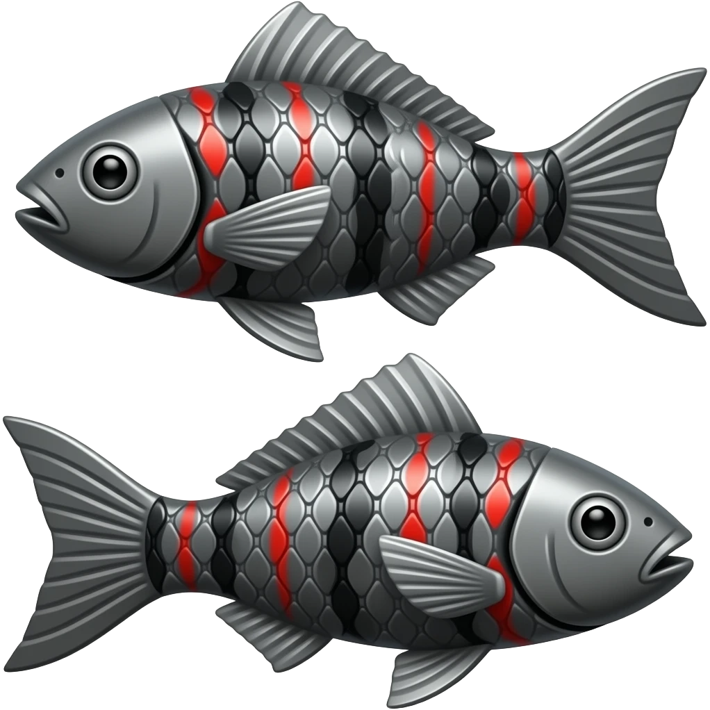 2 mechanical fish facing opposite directions made of dark grey metal with black and red markings. emoji