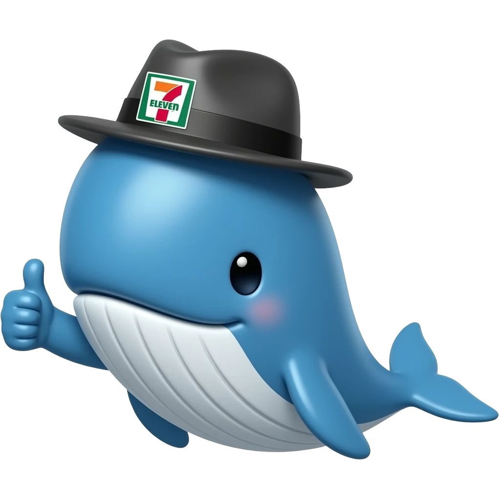 cartoonish blue Whale wearing a 7-eleven branded black and grey fedora with a thumbs up emoji