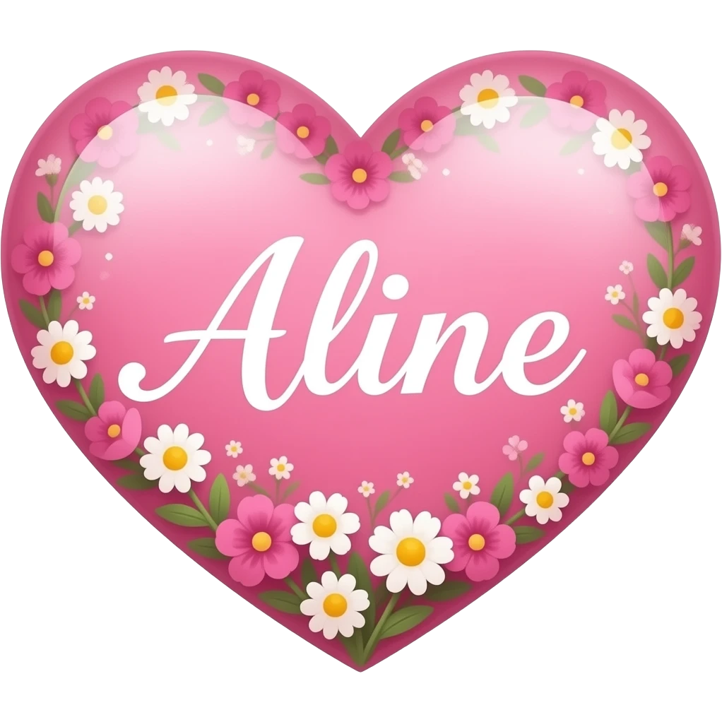 Coração cor pink com flores no meio o nome Aline letra linda emoji