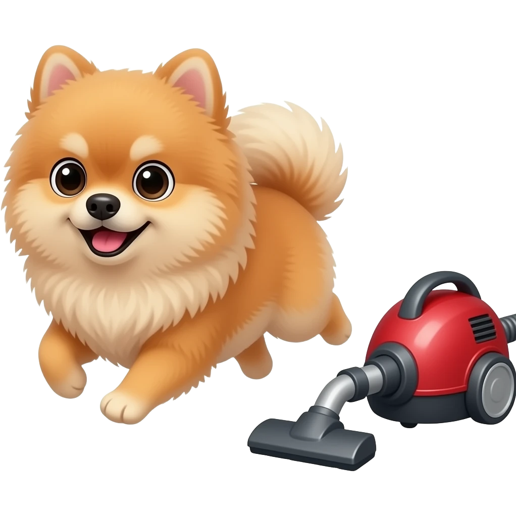 The Pomerania runs away from the loud vacuum cleaner. emoji