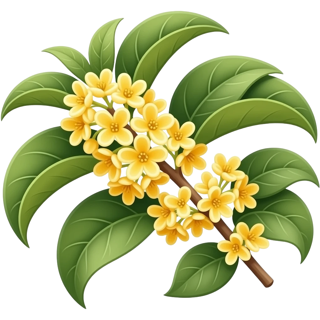 A delicate, elegant emoji-style illustration of an osmanthus flower cluster. Tiny four-petaled golden-yellow blossoms arranged in soft bunches with rich green leaves. Warm autumn atmosphere, gentle gradients, clean vector-style outlines, slightly glossy emoji